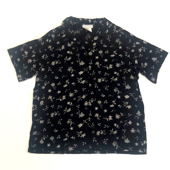 Black Shirt 16 Button Down Short Sleeve Cream Floral design Excellent condition - Picture 1 of 3